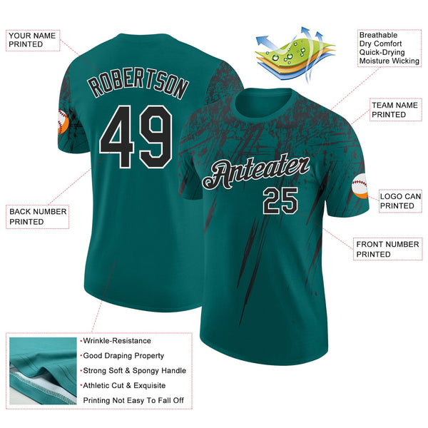 Custom Teal Black-White Distressed Scratch Brush Stroke Performance T-Shirt alternate