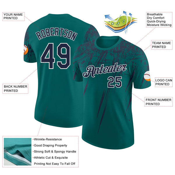 Custom Teal Navy-White Distressed Scratch Brush Stroke Performance T-Shirt alternate