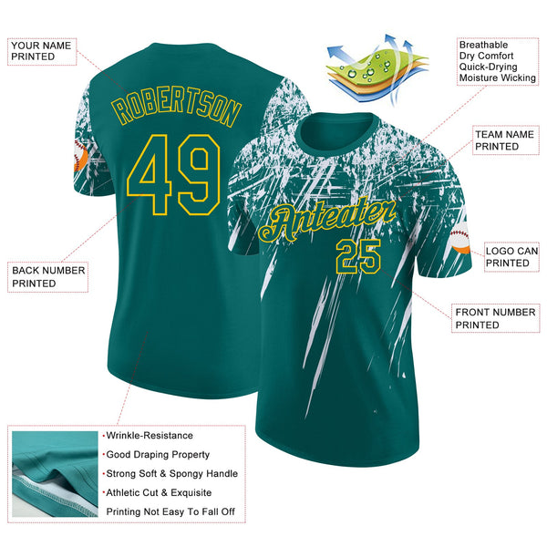 Custom Teal White-Yellow Distressed Scratch Brush Stroke Performance T-Shirt alternate