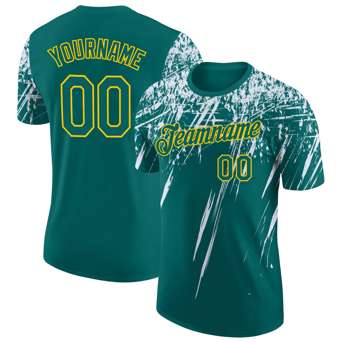 Custom Teal White-Yellow Distressed Scratch Brush Stroke Performance T-Shirt