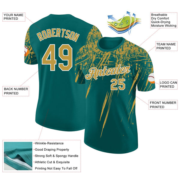 Custom Teal Old Gold-White Distressed Scratch Brush Stroke Performance T-Shirt alternate