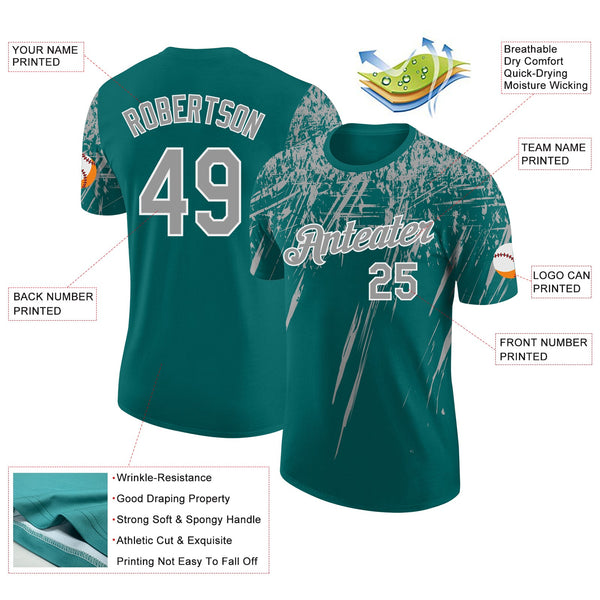 Custom Teal Gray-White Distressed Scratch Brush Stroke Performance T-Shirt alternate