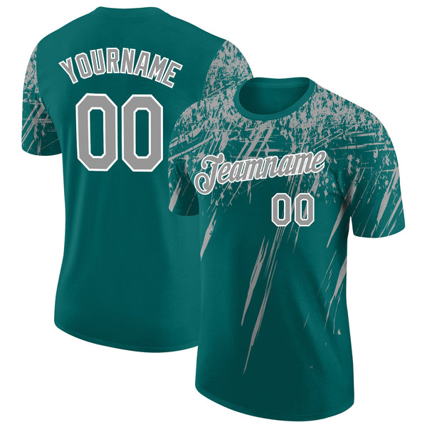 Custom Teal Gray-White Distressed Scratch Brush Stroke Performance T-Shirt