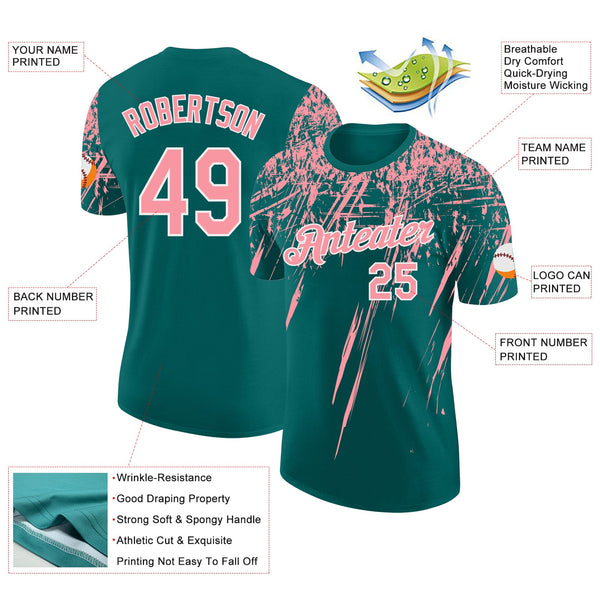 Custom Teal Medium Pink-White Distressed Scratch Brush Stroke Performance T-Shirt alternate