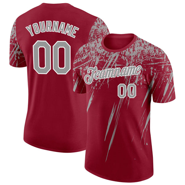 Custom Crimson Gray-White Distressed Scratch Brush Stroke Performance T-Shirt