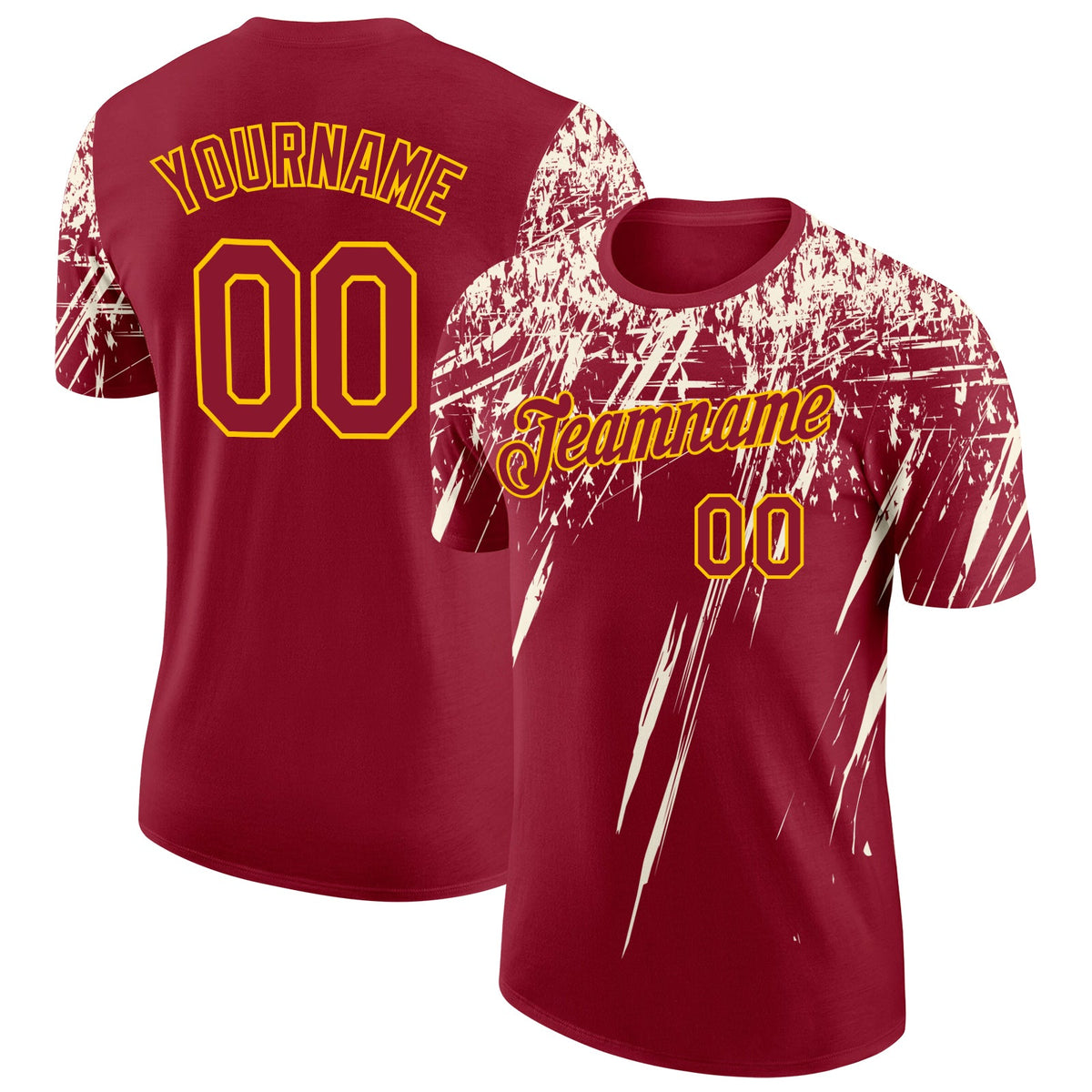 Custom Crimson Cream-Yellow Distressed Scratch Brush Stroke Performance T-Shirt