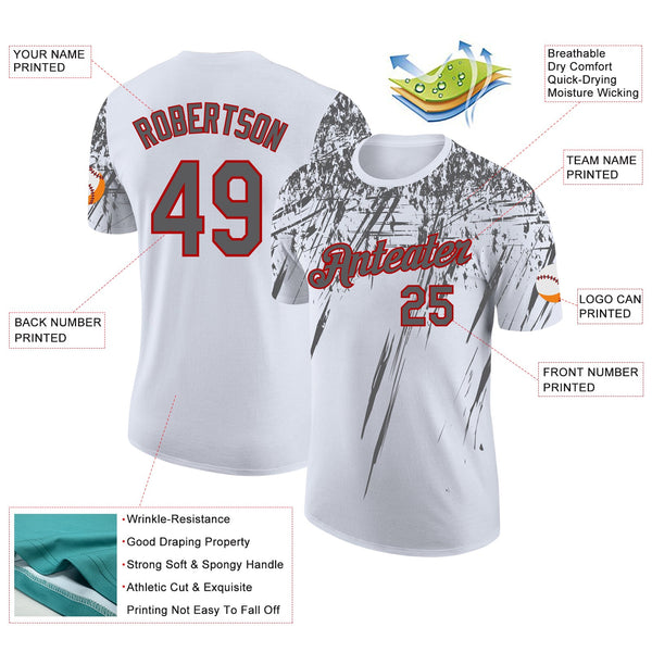 Custom White Steel Gray-Red Distressed Scratch Brush Stroke Performance T-Shirt alternate