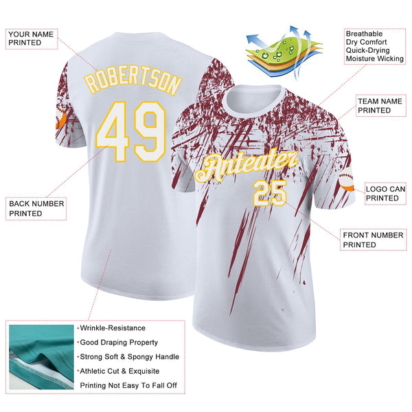 Custom White Burgundy-Yellow Distressed Scratch Brush Stroke Performance T-Shirt alternate