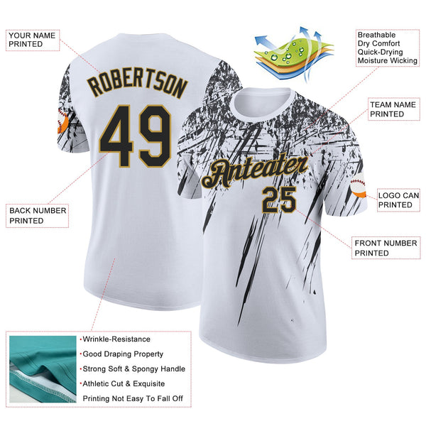 Custom White Black-Old Gold Distressed Scratch Brush Stroke Performance T-Shirt alternate