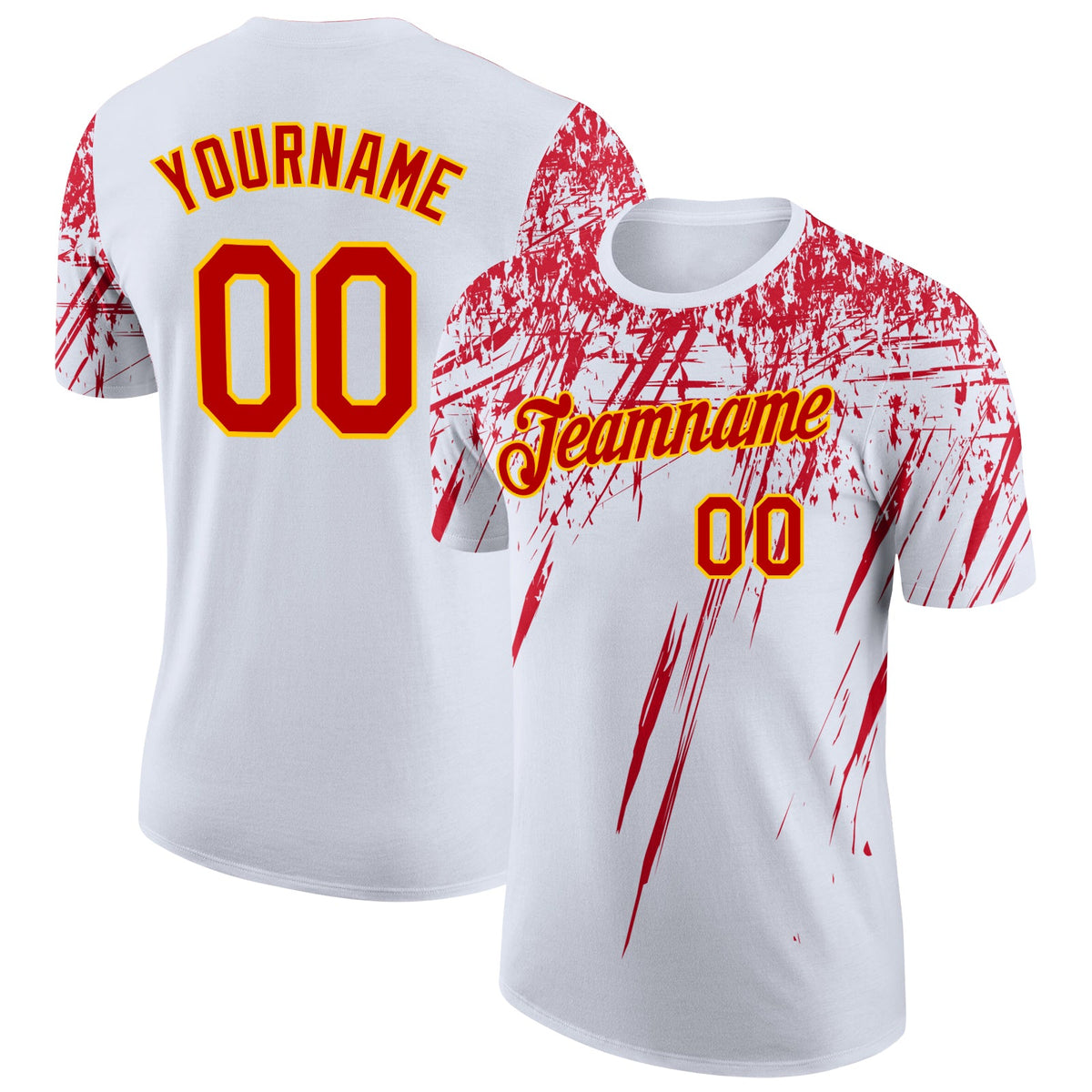 Custom White Red-Yellow Distressed Scratch Brush Stroke Performance T-Shirt