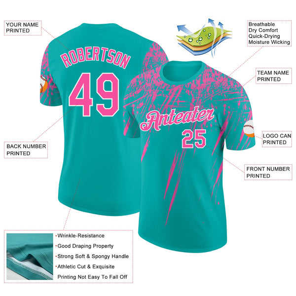 Custom Aqua Pink-White Distressed Scratch Brush Stroke Performance T-Shirt alternate