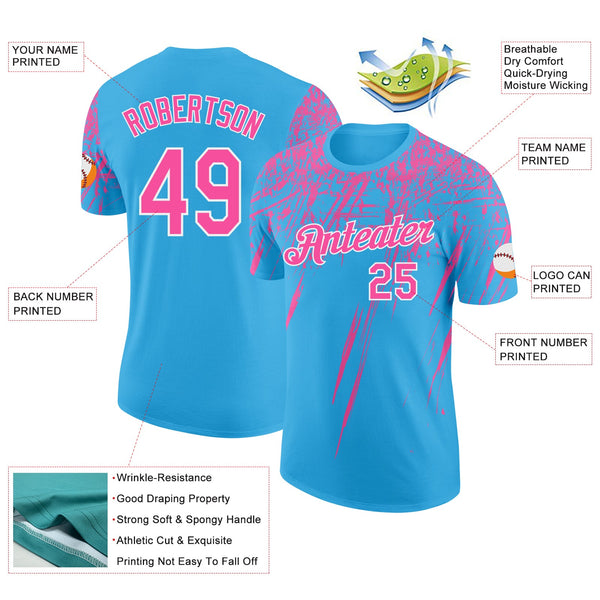 Custom Sky Blue Pink-White Distressed Scratch Brush Stroke Performance T-Shirt alternate