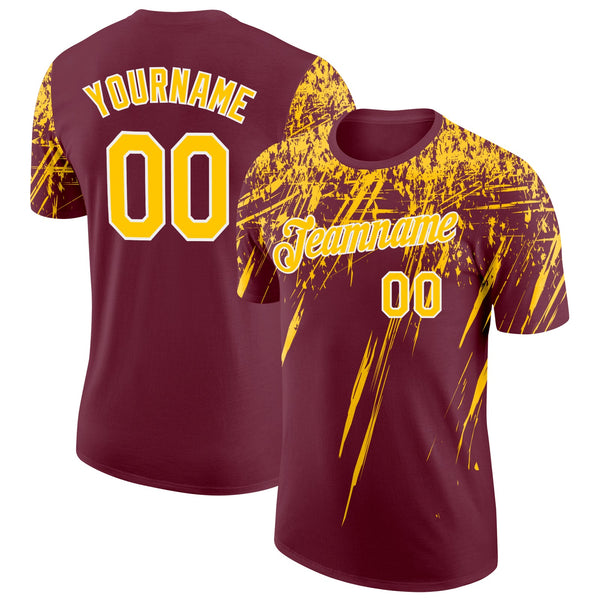 Custom Burgundy Yellow-White Distressed Scratch Brush Stroke Performance T-Shirt