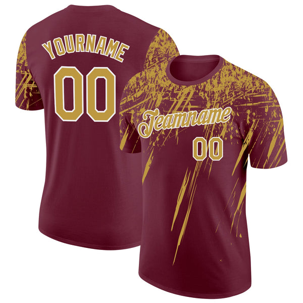Custom Burgundy Old Gold-White Distressed Scratch Brush Stroke Performance T-Shirt