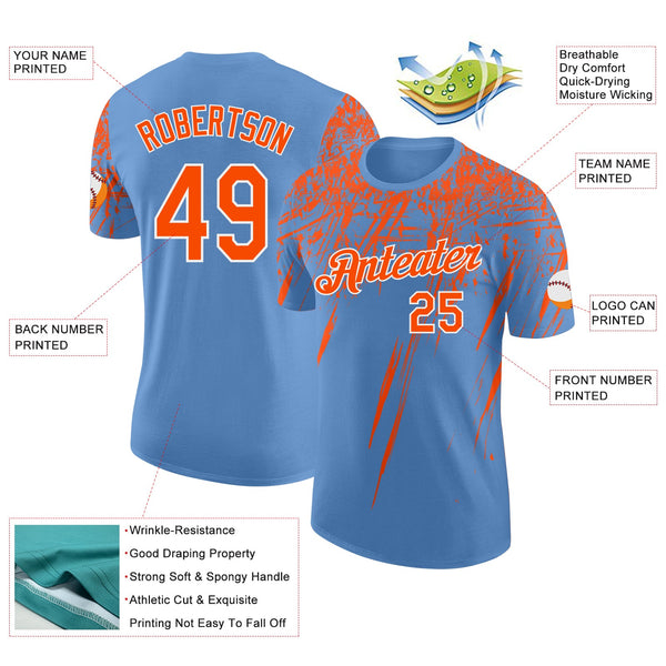 Custom Light Blue Orange-White Distressed Scratch Brush Stroke Performance T-Shirt alternate