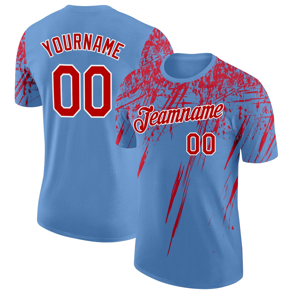 Custom Light Blue Red-White Distressed Scratch Brush Stroke Performance T-Shirt