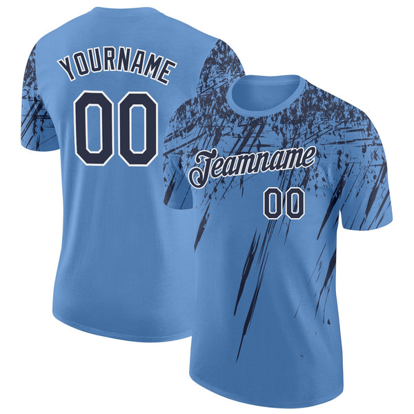 Custom Light Blue Navy-White Distressed Scratch Brush Stroke Performance T-Shirt