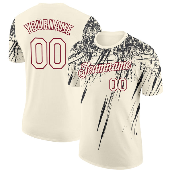 Custom Cream Black-Crimson Distressed Scratch Brush Stroke Performance T-Shirt