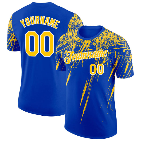 Custom Thunder Blue Yellow-White Distressed Scratch Brush Stroke Performance T-Shirt