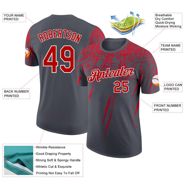 Custom Steel Gray Red-White Distressed Scratch Brush Stroke Performance T-Shirt alternate