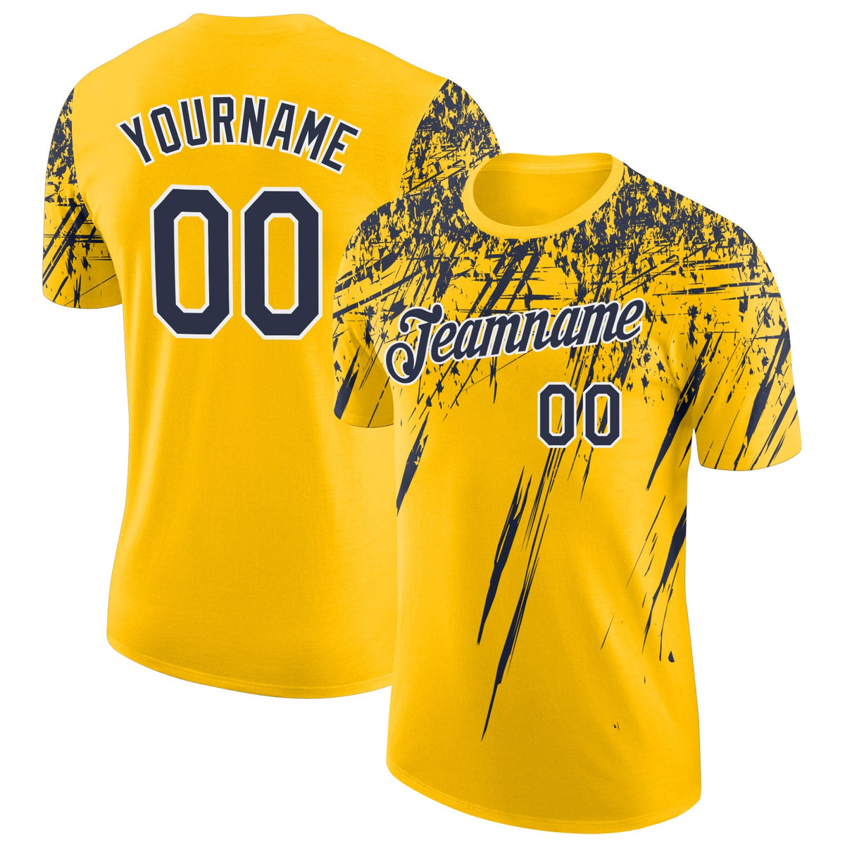 Custom Yellow Navy-White Distressed Scratch Brush Stroke Performance T-Shirt