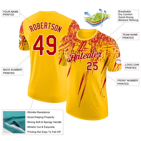 Custom Yellow Red-White Distressed Scratch Brush Stroke Performance T-Shirt alternate