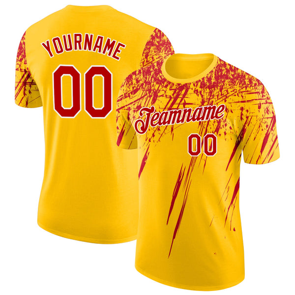 Custom Yellow Red-White Distressed Scratch Brush Stroke Performance T-Shirt