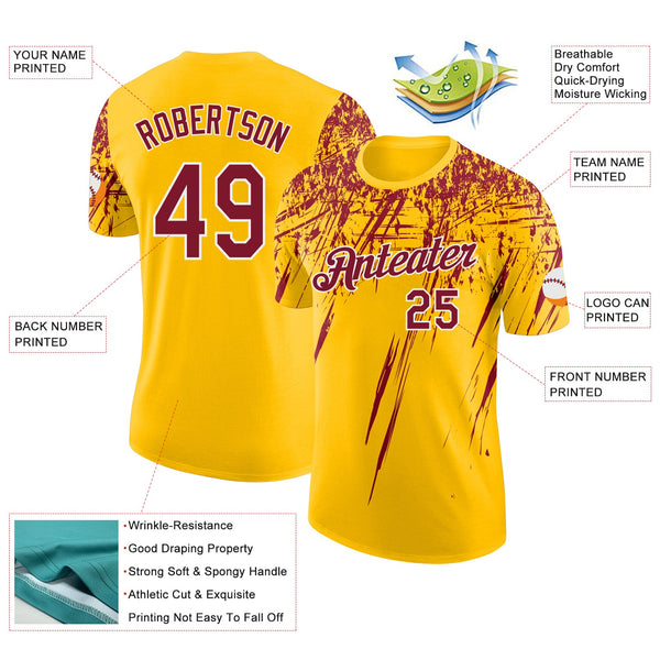 Custom Yellow Crimson-White Distressed Scratch Brush Stroke Performance T-Shirt alternate