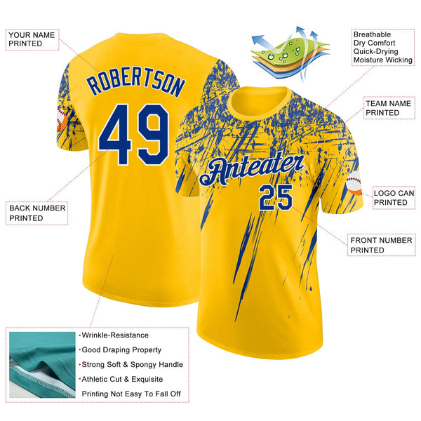 Custom Yellow Royal-White Distressed Scratch Brush Stroke Performance T-Shirt alternate