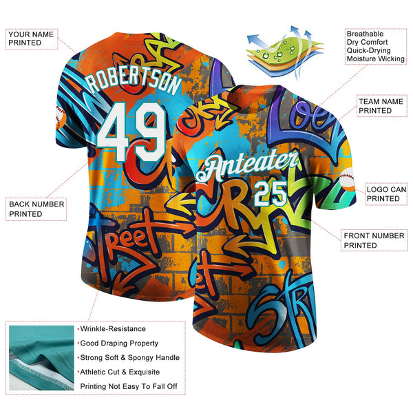 Custom Graffiti Pattern White-Teal Vibrant MulticolorStreet Style Performance T-Shirt alternate