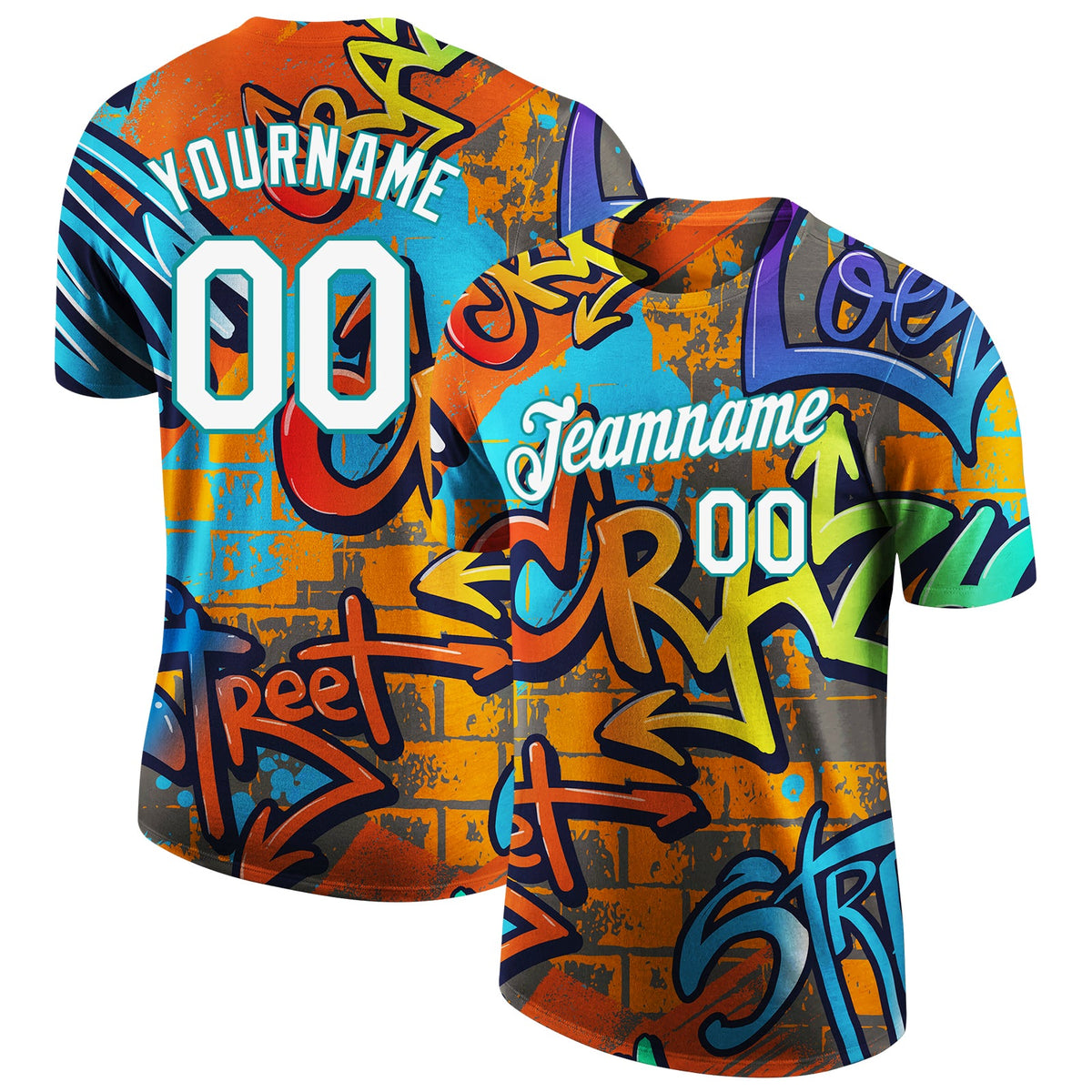 Custom Graffiti Pattern White-Teal Vibrant MulticolorStreet Style Performance T-Shirt
