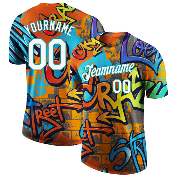 Custom Graffiti Pattern White-Teal Vibrant MulticolorStreet Style Performance T-Shirt