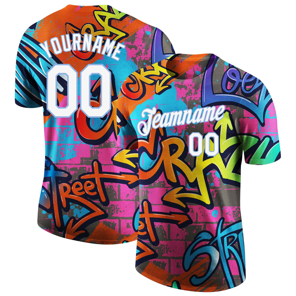 Custom Graffiti Pattern White-Light Blue Vibrant MulticolorStreet Style Performance T-Shirt