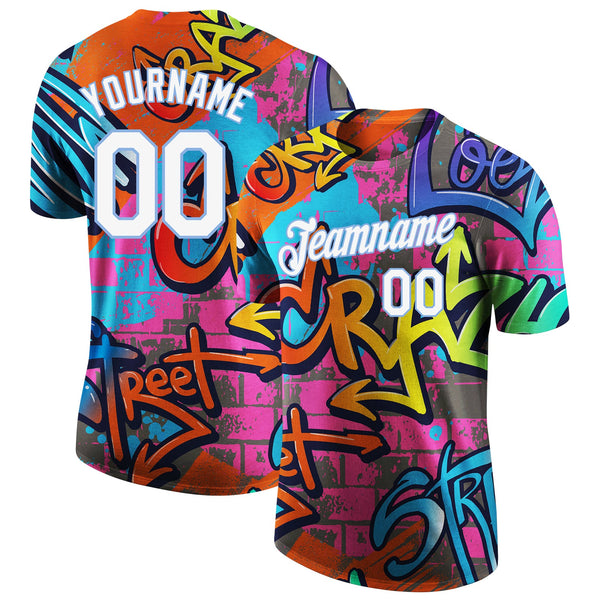 Custom Graffiti Pattern White-Light Blue Vibrant MulticolorStreet Style Performance T-Shirt