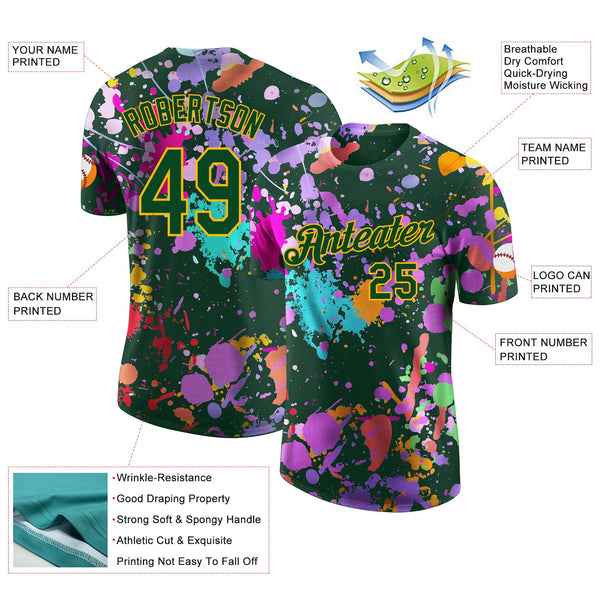 Custom Graffiti Pattern Green-Gold Vibrant Multicolor Paint Splatter Performance T-Shirt alternate