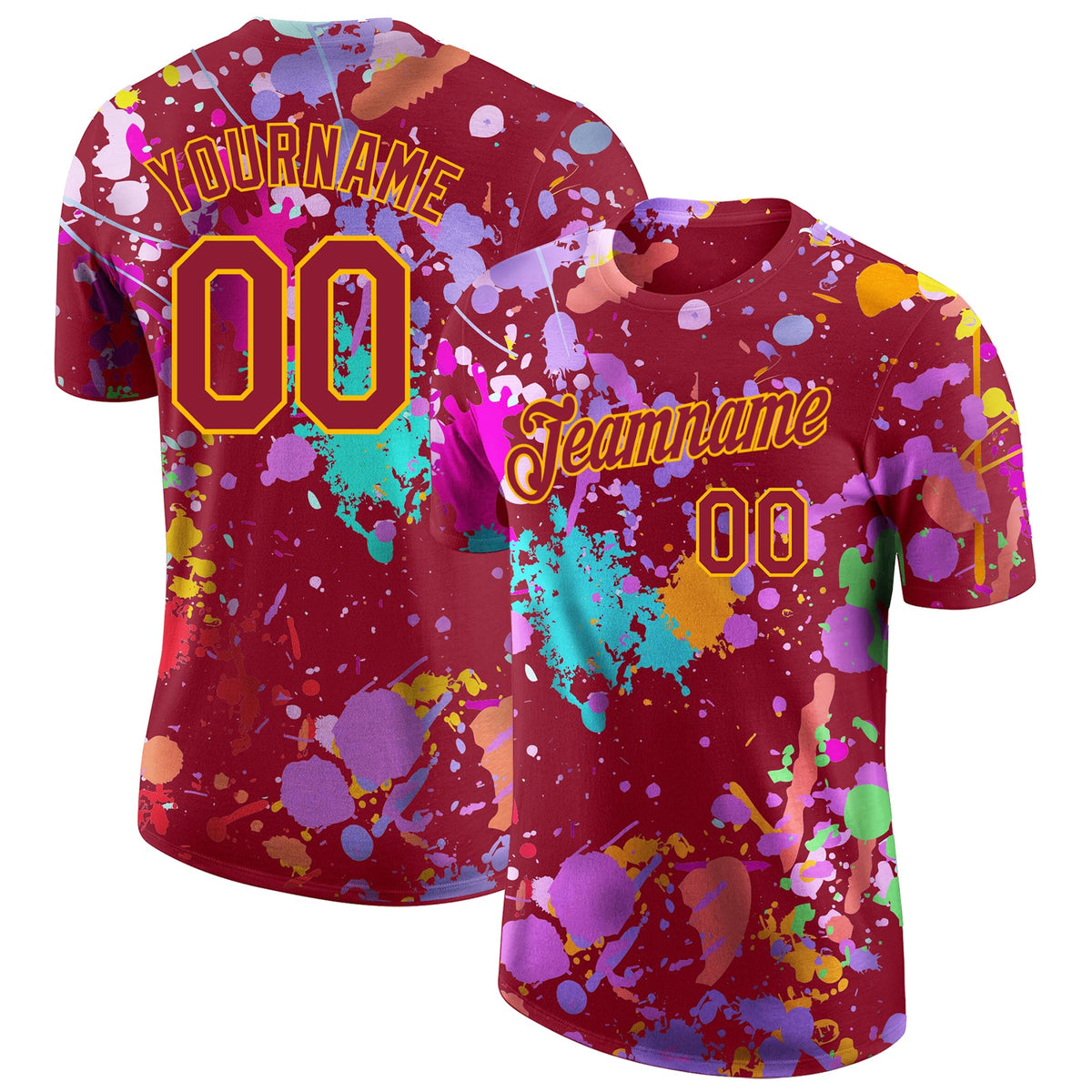 Custom Graffiti Pattern Crimson-Gold Vibrant Multicolor Paint Splatter Performance T-Shirt