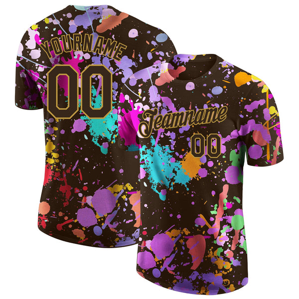 Custom Graffiti Pattern Brown-Old Gold Vibrant Multicolor Paint Splatter Performance T-Shirt