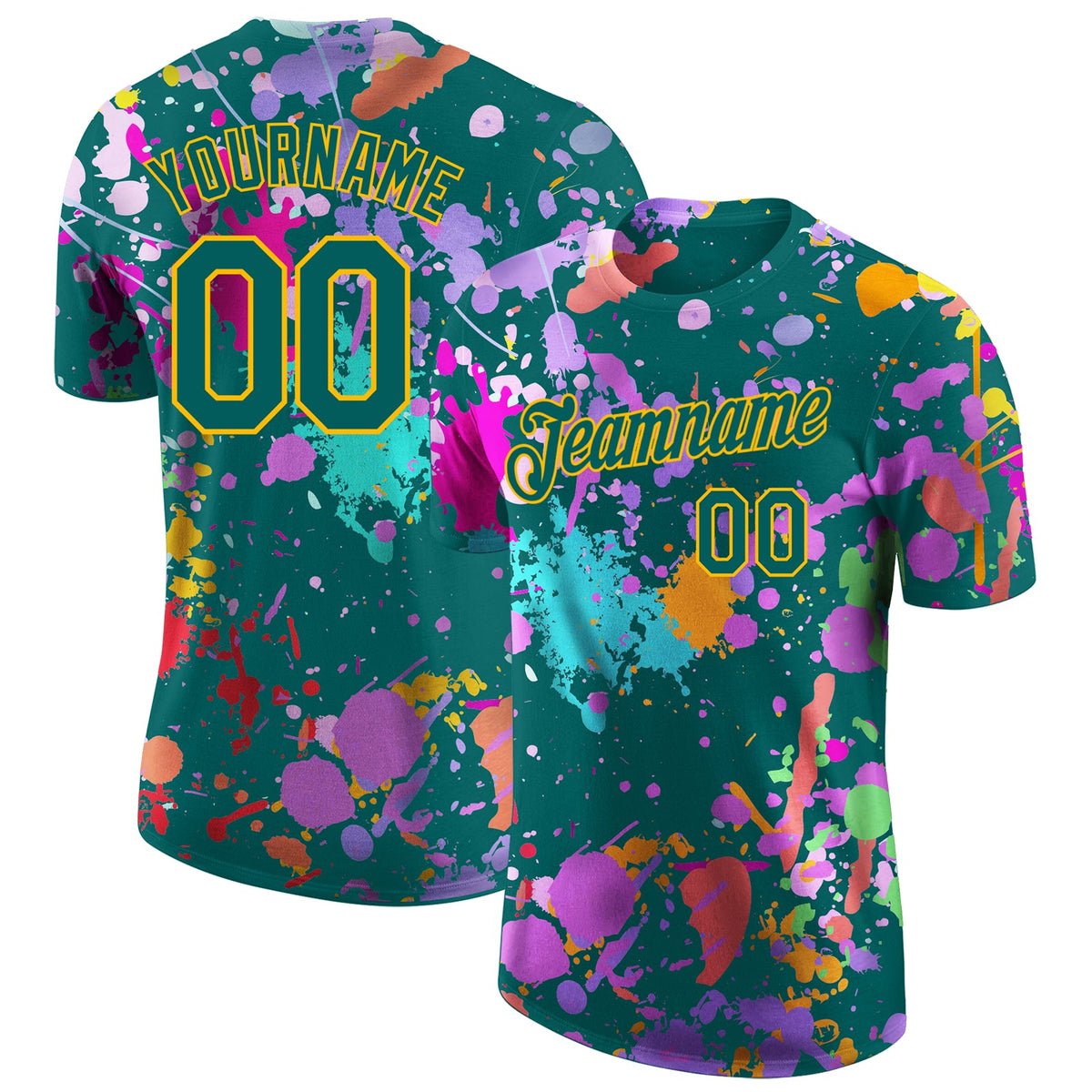 Custom Graffiti Pattern Teal-Gold Vibrant Multicolor Paint Splatter Performance T-Shirt
