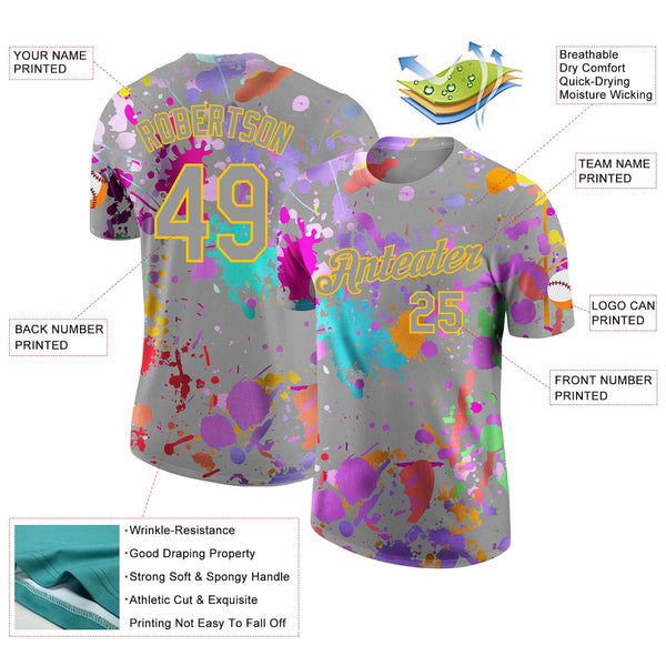 Custom Graffiti Pattern Gray-Yellow Vibrant Multicolor Paint Splatter Performance T-Shirt alternate
