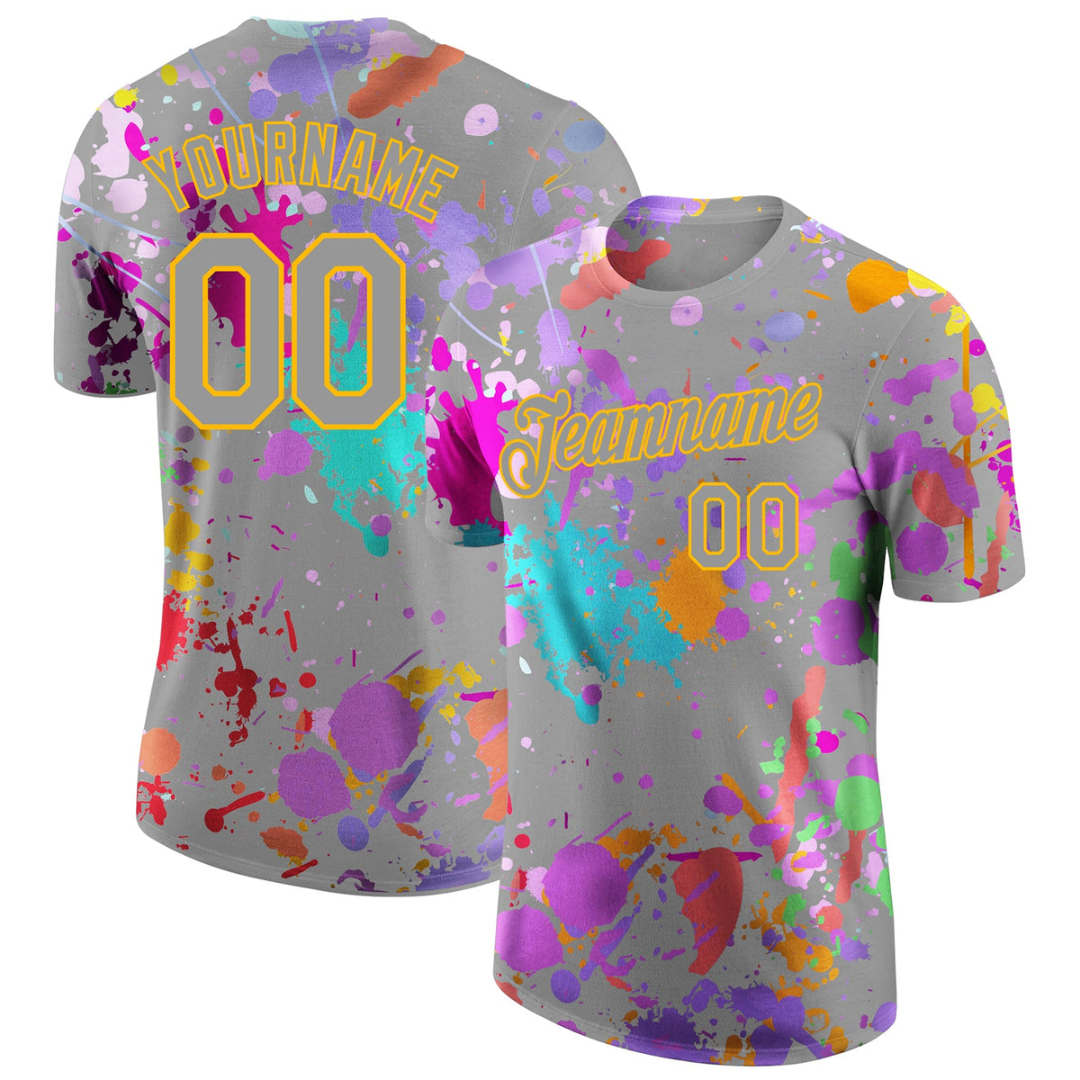 Custom Graffiti Pattern Gray-Yellow Vibrant Multicolor Paint Splatter Performance T-Shirt