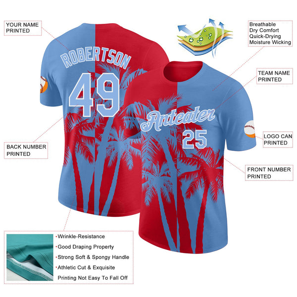 Custom Light Blue Red-White Hawaii Tropical Coastal Palm Trees Performance T-Shirt alternate