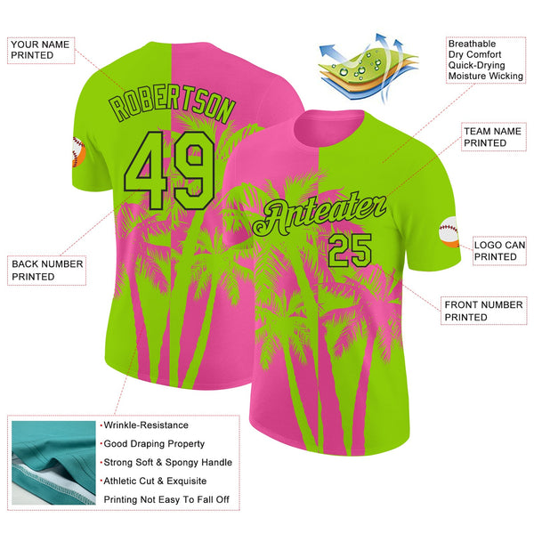 Custom Neon Green Pink-Black Hawaii Tropical Coastal Palm Trees Performance T-Shirt alternate
