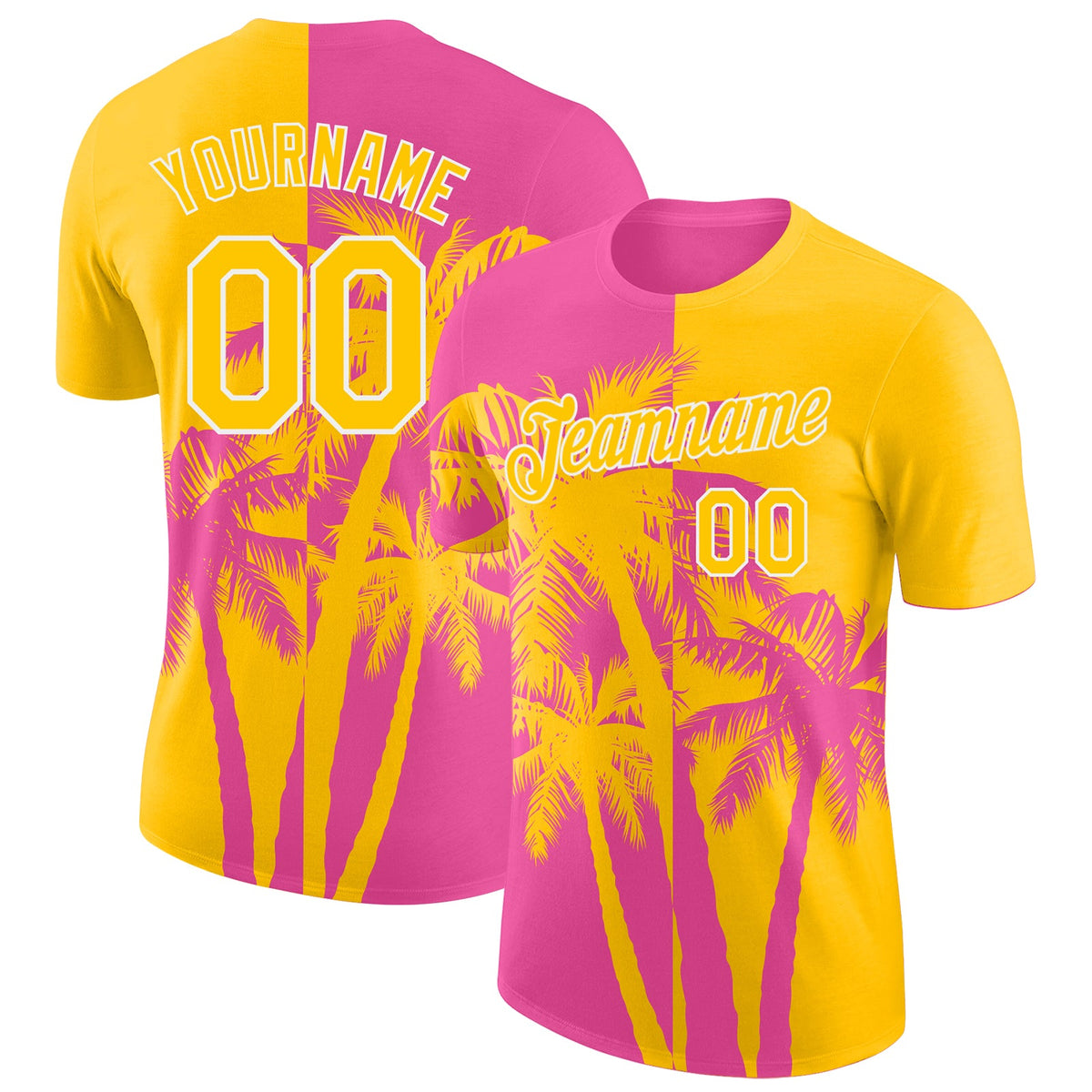 Custom Yellow Pink-White Hawaii Tropical Coastal Palm Trees Performance T-Shirt