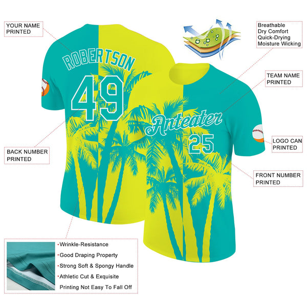 Custom Aqua Neon Yellow-White Hawaii Tropical Coastal Palm Trees Performance T-Shirt alternate