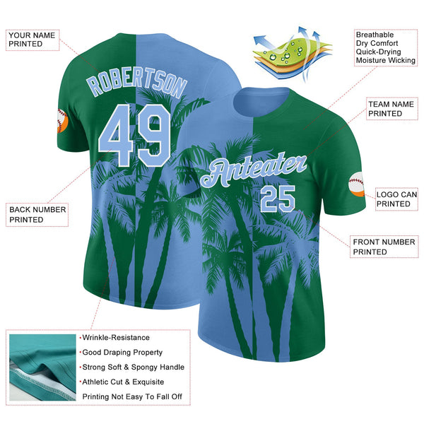 Custom Kelly Green Light Blue-White Hawaii Tropical Coastal Palm Trees Performance T-Shirt alternate