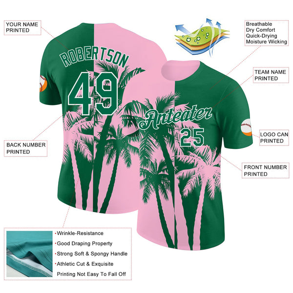 Custom Kelly Green Light Pink-White Hawaii Tropical Coastal Palm Trees Performance T-Shirt alternate