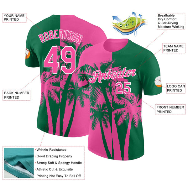 Custom Kelly Green Pink-White Hawaii Tropical Coastal Palm Trees Performance T-Shirt alternate