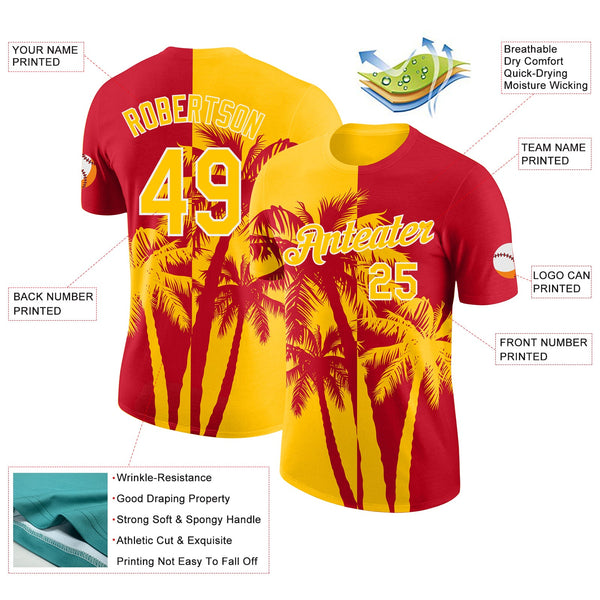Custom Red Yellow-White Hawaii Tropical Coastal Palm Trees Performance T-Shirt alternate