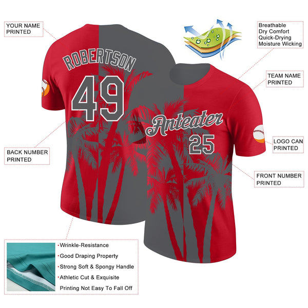 Custom Red Steel Gray-White Hawaii Tropical Coastal Palm Trees Performance T-Shirt alternate