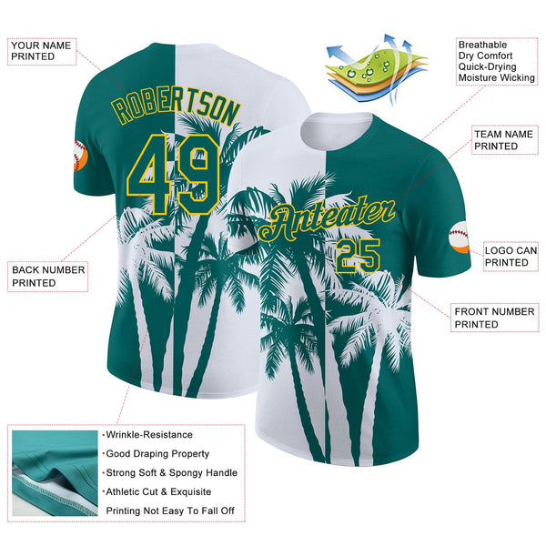 Custom Teal White-Yellow Hawaii Tropical Coastal Palm Trees Performance T-Shirt alternate